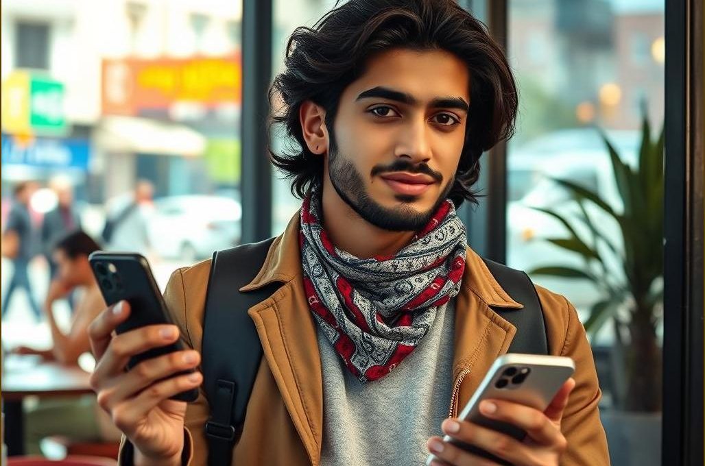 جوانی شیک در ایران با آی‌فون و VPN در کافه‌ای مدرن نمادی از اتصال و سبک زندگی امروزی با رنگ‌های زنده و نور پویا