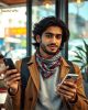 "جوانی شیک در ایران، با آی‌فون و VPN، در کافه‌ای مدرن، نمادی از اتصال و سبک زندگی امروزی با رنگ‌های زنده و نور پویا."