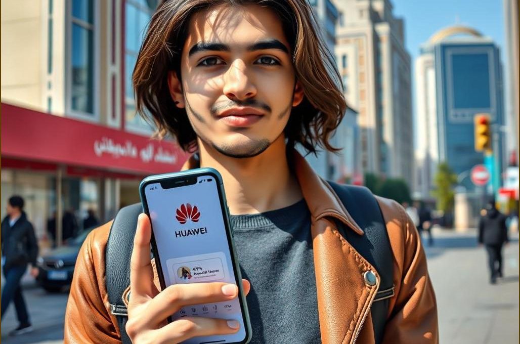 جوانی شیک در تهران موبایل هواوی با رابط وی‌پی‌ان برای موبایل هواوی در دست معماری مدرن ایرانی و رنگ‌های پرانرژی هواوی وی‌پی‌ان