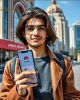 "جوانی شیک در تهران، موبایل هواوی با رابط 'وی‌پی‌ان برای موبایل هواوی' در دست، معماری مدرن ایرانی و رنگ‌های پرانرژی. #هواوی #وی‌پی‌ان"